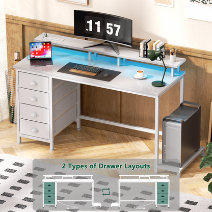 Satifur 47 inch Computer Desk with Power Outlets, Home Office Desk with 4 Drawers, Writing Desk with Removable Monitor Shelf & CPU Stand, White