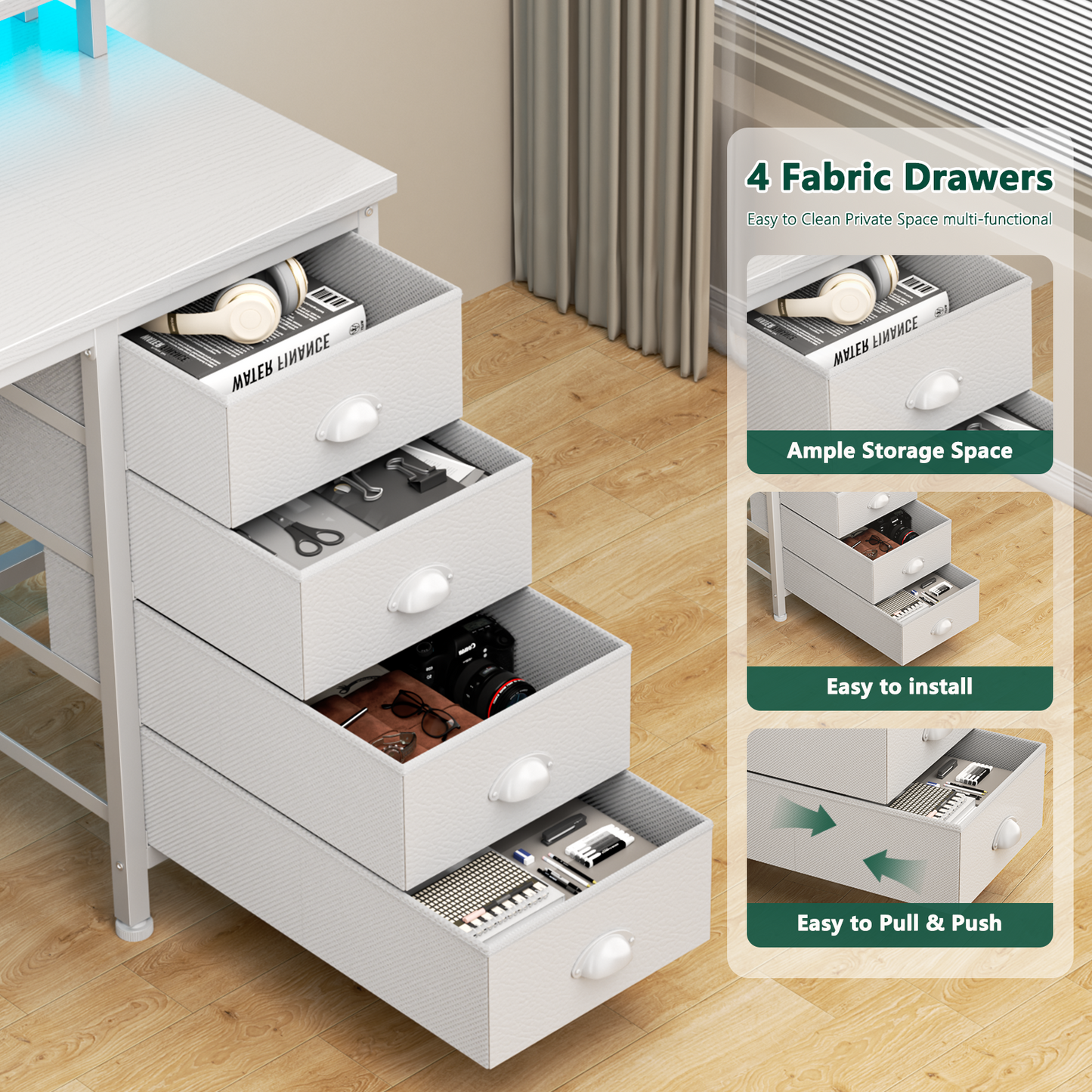 Satifur 47 inch Computer Desk with Power Outlets, Home Office Desk with 4 Drawers, Writing Desk with Removable Monitor Shelf & CPU Stand, White