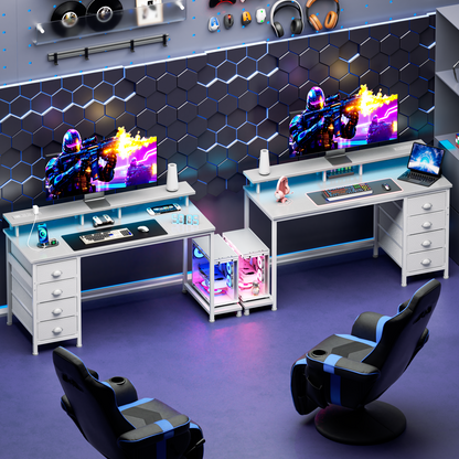 Satifur 47 inch Computer Desk with Power Outlets, Home Office Desk with 4 Drawers, Writing Desk with Removable Monitor Shelf & CPU Stand, White