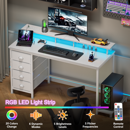 Satifur 47 inch Computer Desk with Power Outlets, Home Office Desk with 4 Drawers, Writing Desk with Removable Monitor Shelf & CPU Stand, White