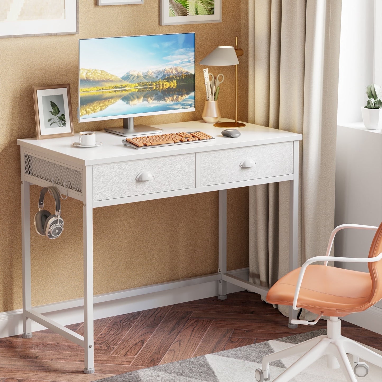 Hexmn White Computer Desk with 2 Fabric Drawers for Office Home