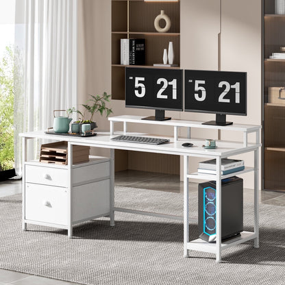 Hexmn White Multi-Functional Computer Desk with Dual Monitor Stand & Adjustable Shelves