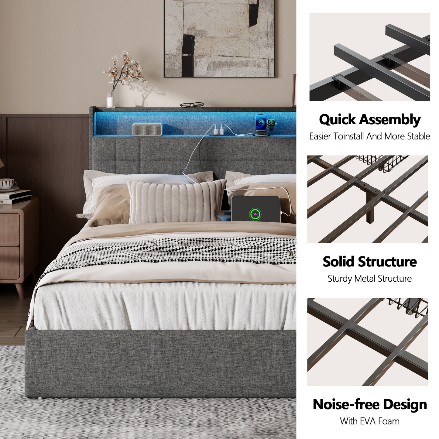 Satifur Queen Bed Frame with Charging Station, Queen Upholstered Rivet Storage Headboard Platform Beds, Noise-Free, Easy Assembly, Dark Grey