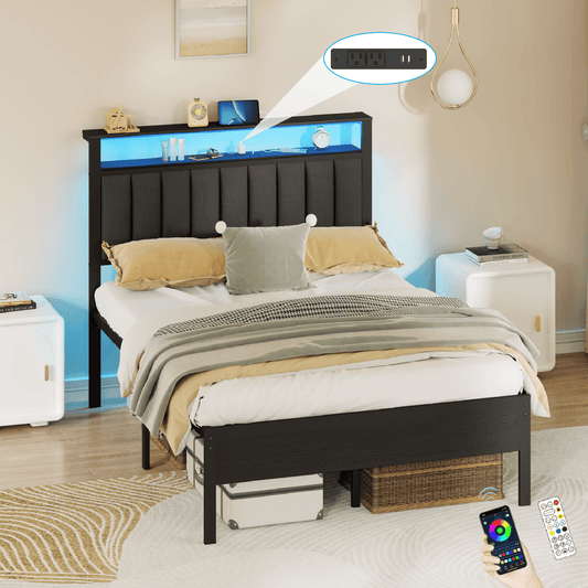 Hexmn Electric Full Size Platforrm Bed Frames with Charging Station, LED Standard Storage Space Bed for Bedroom, No Box Spring Needed