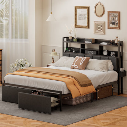 Hexmn Fabric Upholstered Smart Gaming Bed Frame Full Size with Storage Drawers, USB Ports and Outlets, No Box Spring Needed