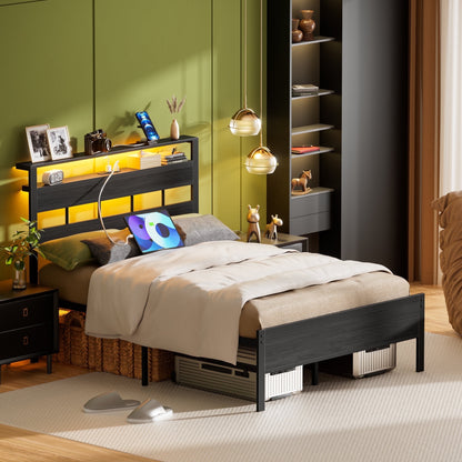 Hexmn Bed Frame Full No Sound with Storage Underbed & Headboard, Cama Full Size Bed Frame with Lights, Niose Free
