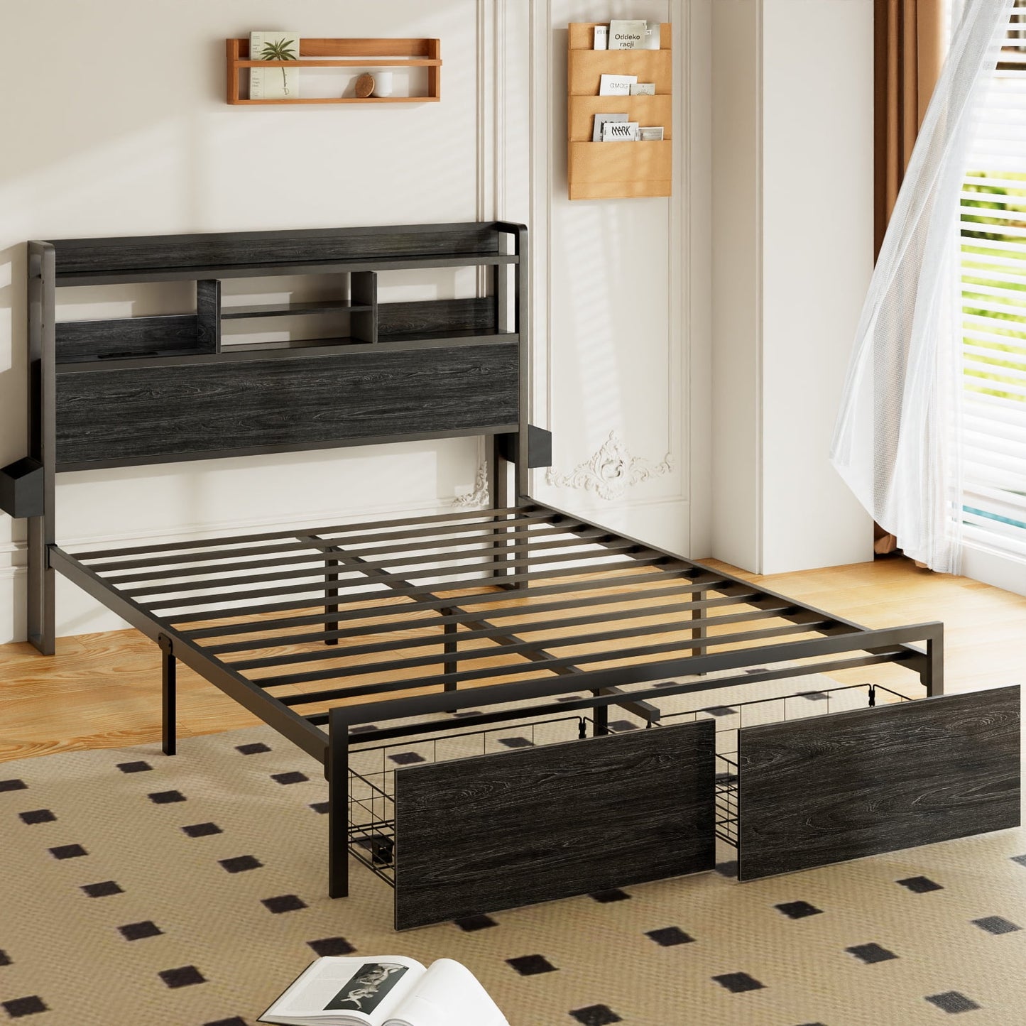 Hexmn Electric Bed Frame Full No Box Spring Needed with Charging Station & Storage Drawers, Black Oak