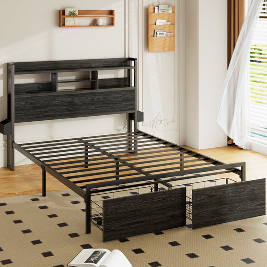 Hexmn Electric Bed Frame Full No Box Spring Needed with Charging Station & Storage Drawers, Black Oak