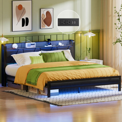 Hexmn King Size Metal Smart Bed Frame with Upholstered Headboard, LED Lights, USB Ports and Outlets, Storage Shelves & Underbed