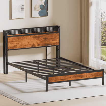 Hexmn Full RGB LED Strip Platforrm Bed Frames with Headboard Metal, Storage Shelves & Underbed, Niose Free, No Box Spring Needed