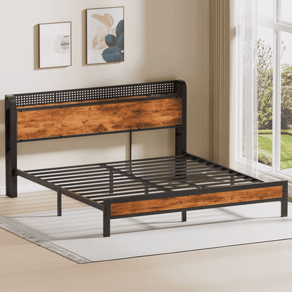 Hexmn King RGB LED Strip Platforrm Bed Frames with Headboard Metal, Storage Shelves & Underbed, Niose Free, No Box Spring Needed