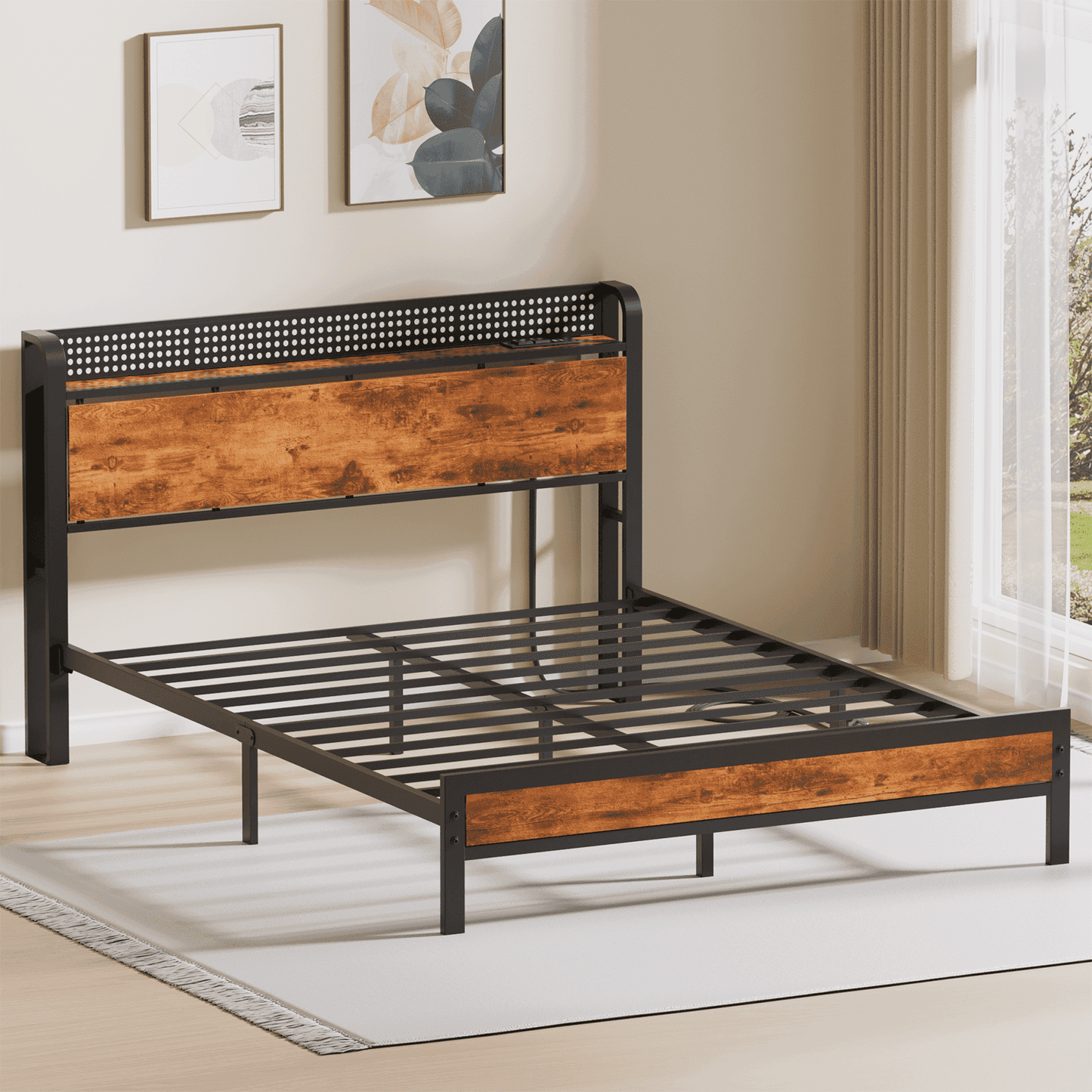 Hexmn Queen RGB LED Strip Platforrm Bed Frames with Headboard Metal, Storage Shelves & Underbed, Niose Free, No Box Spring Needed