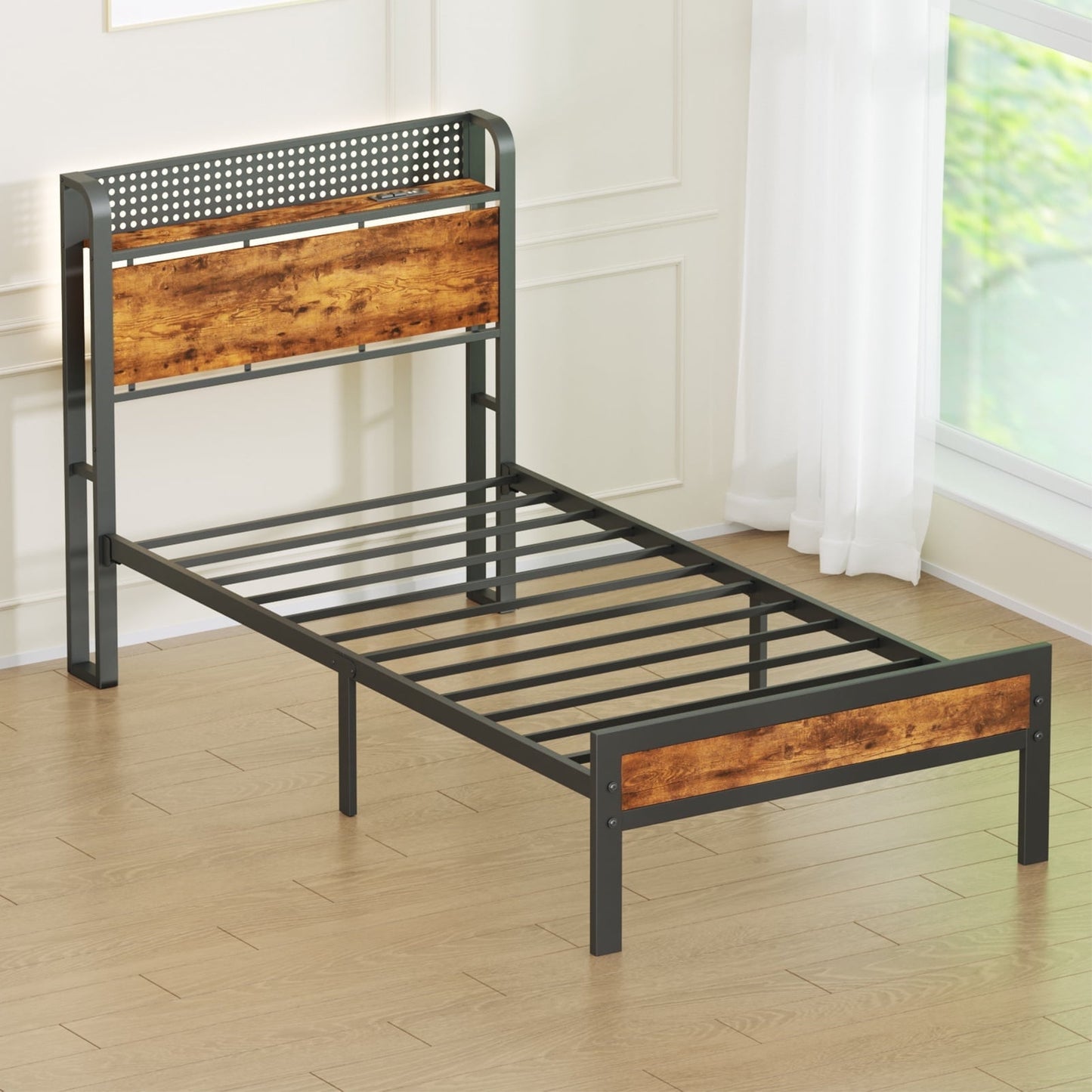 Hexmn Twin RGB LED Strip Platforrm Bed Frames with Headboard Metal, Storage Shelves & Underbed, Niose Free, No Box Spring Needed