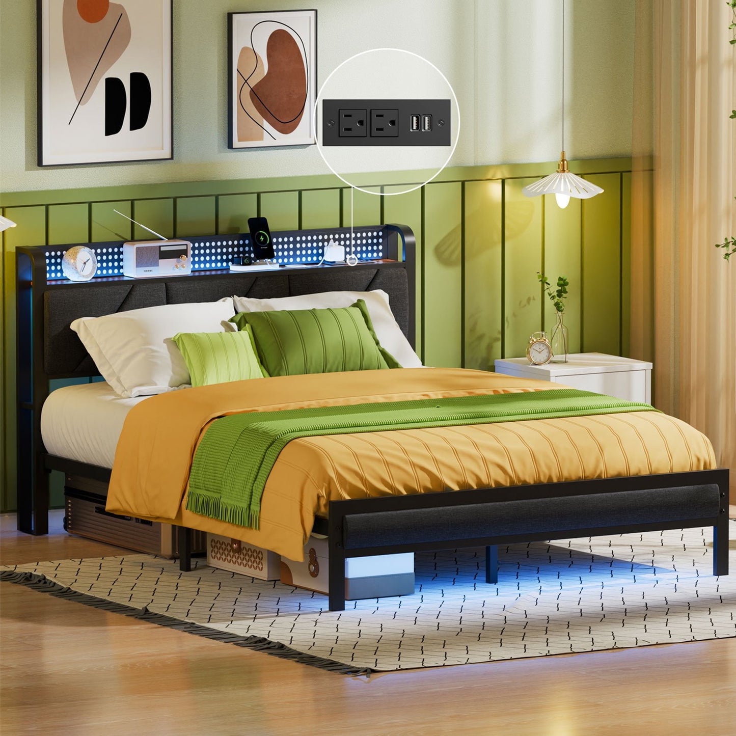 Hexmn Queen Size Metal Smart Bed Frame with Upholstered Headboard, LED Lights, USB Ports and Outlets, Storage Shelves & Underbed