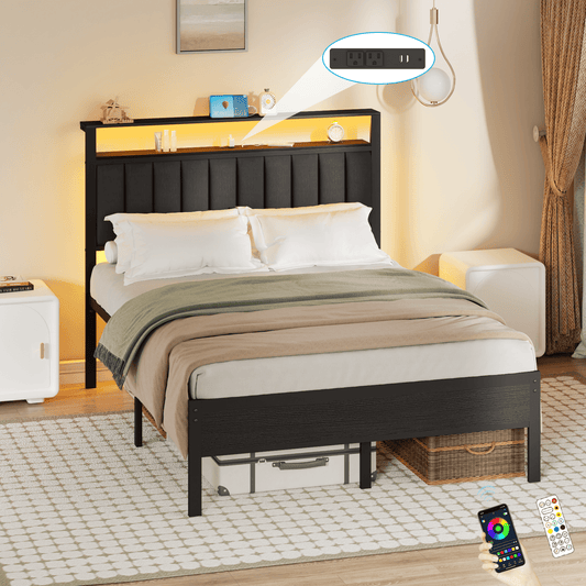 Hexmn Upholstered Underbed Storage Bed with Charging Station£¬LED Queen Size Bed Frame with Storage Shelves, Niose Free