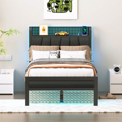 Hexmn Twin Size Metal Smart Bed Frame with Upholstered Headboard, LED Lights, USB Ports and Outlets, Storage Shelves & Underbed