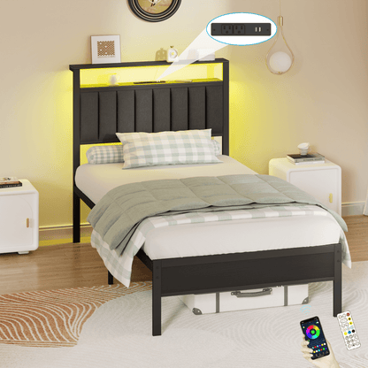 Hexmn Twin Bed Frame with USB Ports and Outlets, LED Gaming Bed Metal Frame Underbed with Headboard, Niose Free