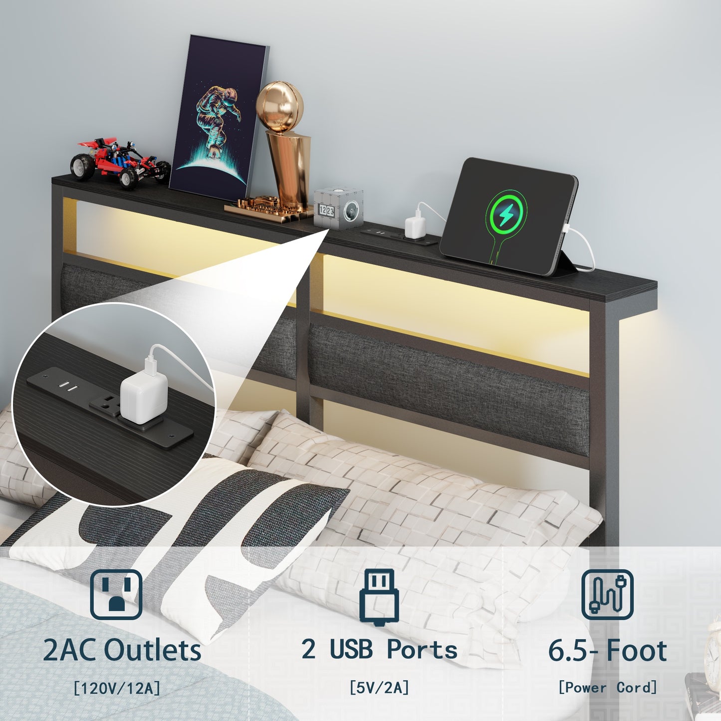 Tydimor Queen Size Bed Frame with USB Charging Station, LED Lights & Upholstered Headboard & Shelf, Metal Black