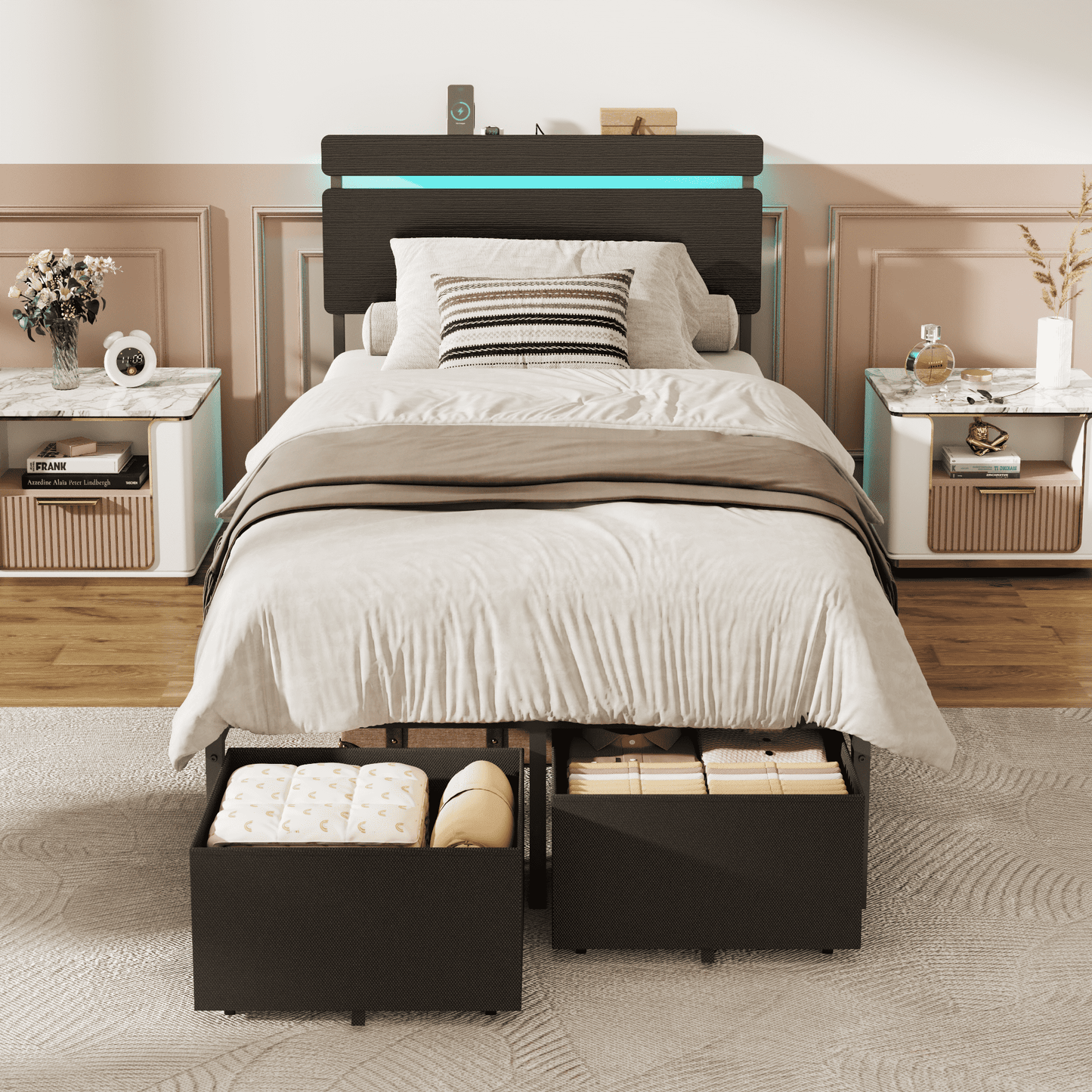 Satifur Twin Size Bed Frame with 2 Drawers & LED Lights & Charging Station, Beds with Headboard & 10.10" Under Bed Storage, No Box Spring Needed, Easy Assembly, Black