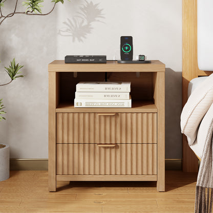 Satifur Modern Fluted Nightstand with Charging Station, Wooden Bedside Table with 2 Drawers and Open Shelf for Bedroom, Natural Oak
