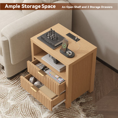 Satifur Modern Fluted Nightstand with Charging Station, Wooden Bedside Table with 2 Drawers and Open Shelf for Bedroom, Natural Oak, Set of 2