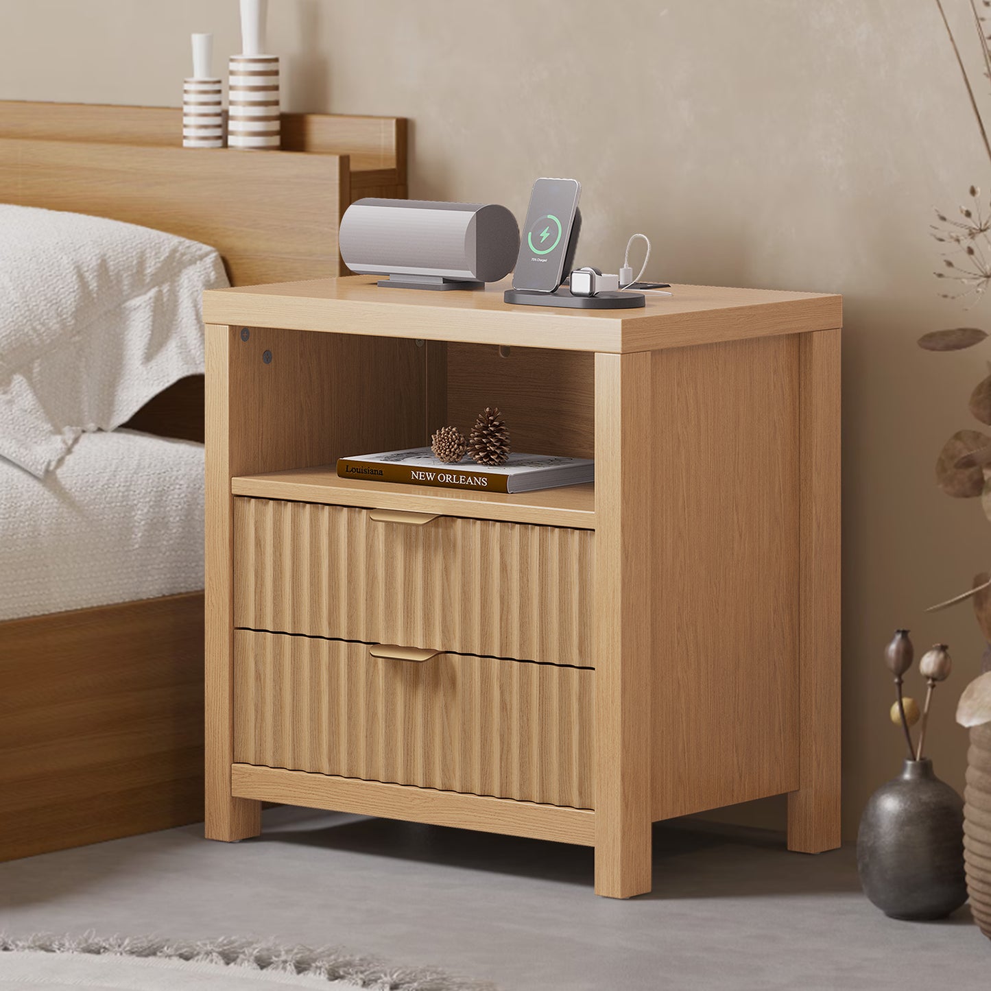 Satifur Modern Fluted Nightstand with Charging Station, Wooden Bedside Table with 2 Drawers and Open Shelf for Bedroom, Natural Oak, Set of 2