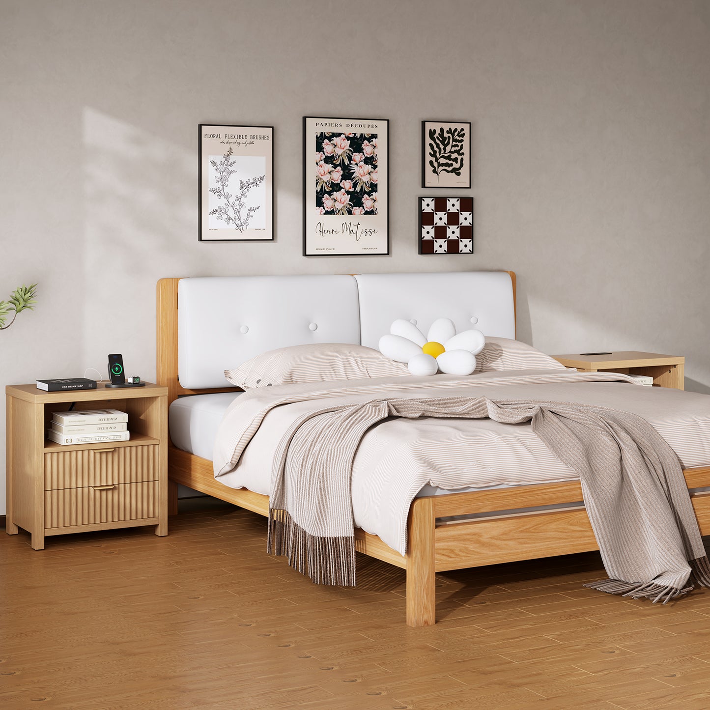 Satifur Modern Fluted Nightstand with Charging Station, Wooden Bedside Table with 2 Drawers and Open Shelf for Bedroom, Natural Oak