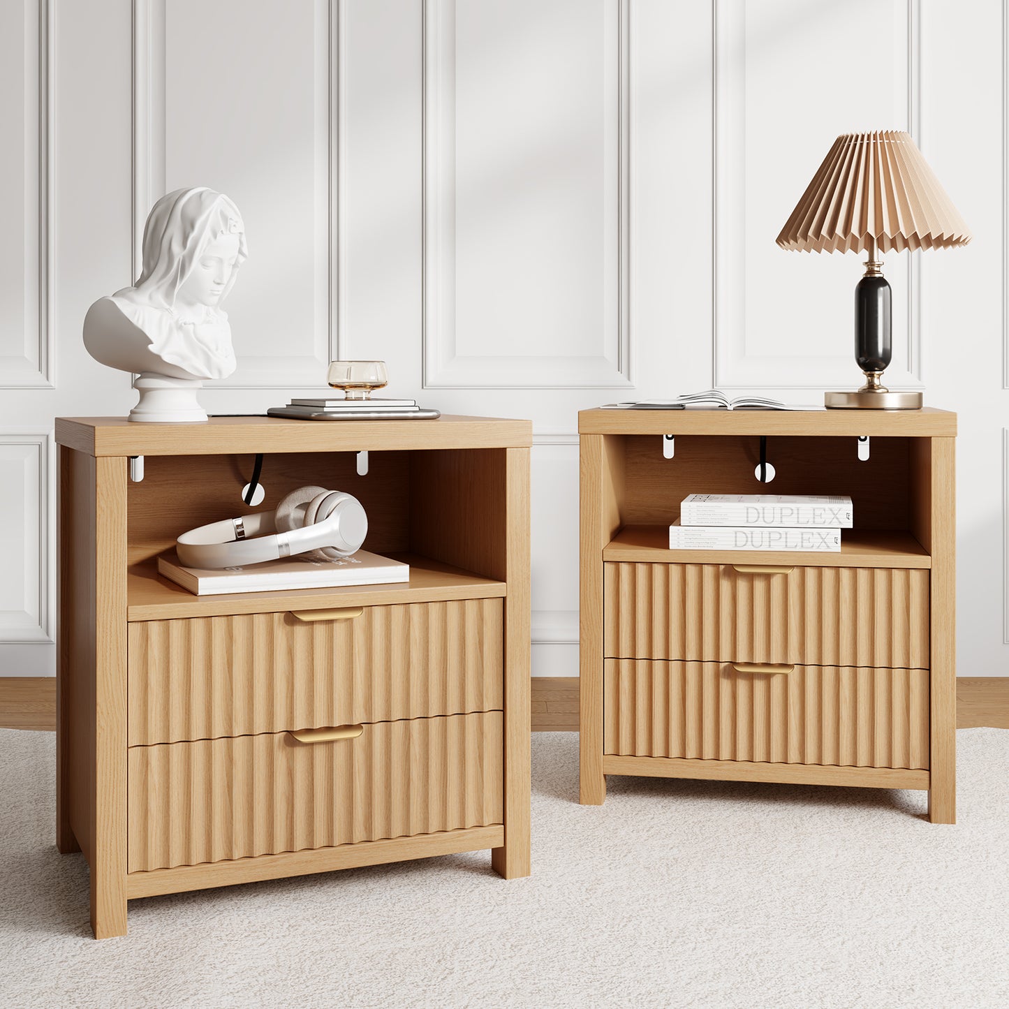 Satifur Modern Fluted Nightstand with Charging Station, Wooden Bedside Table with 2 Drawers and Open Shelf for Bedroom, Natural Oak, Set of 2