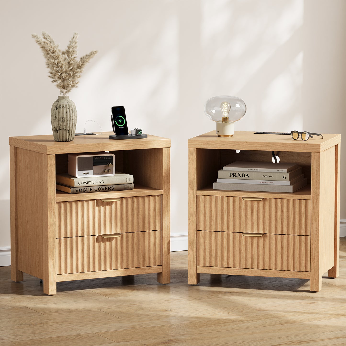 Satifur Modern Fluted Nightstand with Charging Station, Wooden Bedside Table with 2 Drawers and Open Shelf for Bedroom, Natural Oak, Set of 2