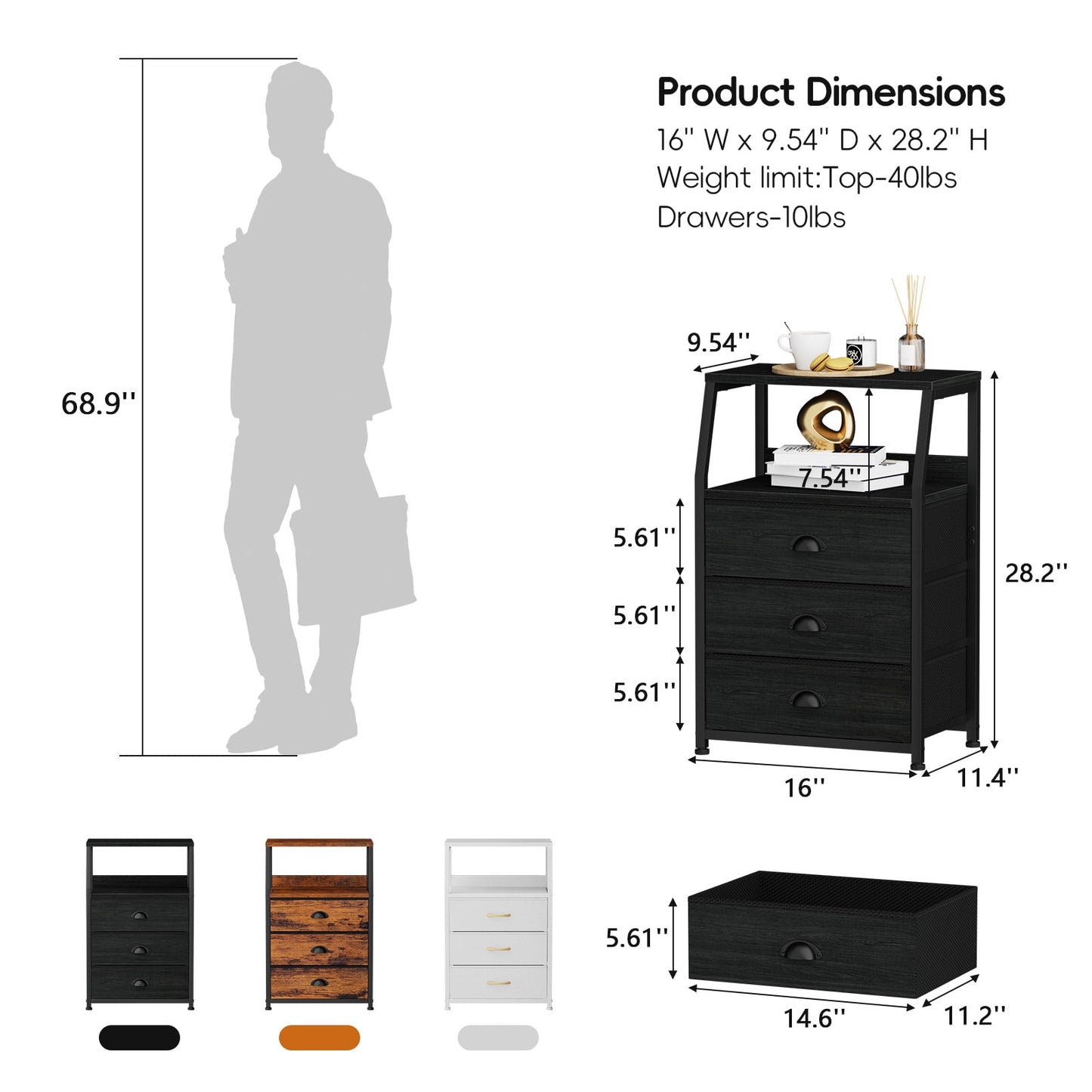 TYDIMOR Nightstand Bedside Table, 3 Drawer Dresser for Bedroom Furniture, Steel, Wood, Black Fabric Drawers
