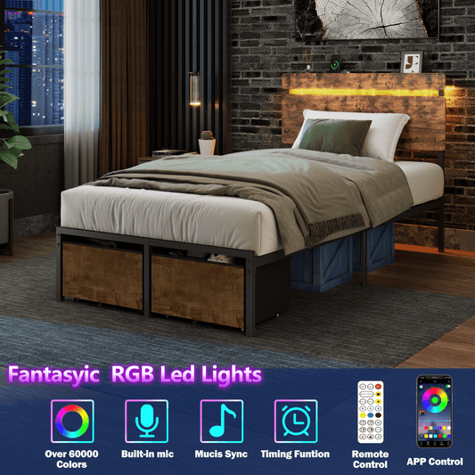 Tydimor Twin Size Bed Frame with 2 Drawers & LED Lights & Charging Station, Beds with Headboard & 10.10" Under Bed Storage, No Box Spring Needed, Easy Assembly, Rustic Brown