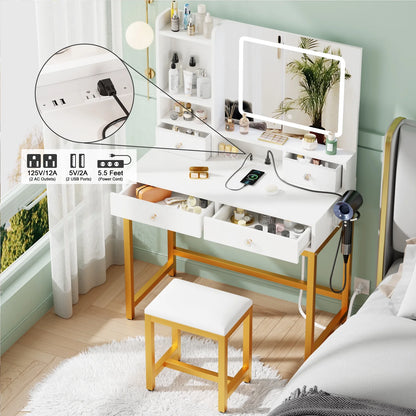 Tydimor Lighted Makeup Vanity Set, Women Dressing Table with Outlets, Vanity Desk with Drawers & Stool