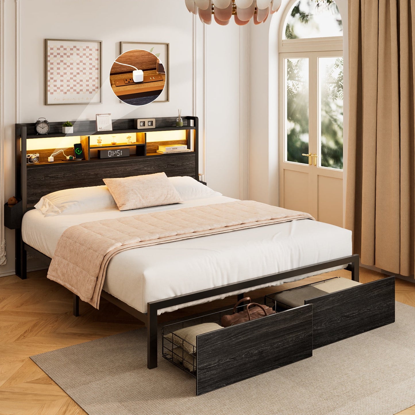 Hexmn Electric Bed Frame Full No Box Spring Needed with Charging Station & Storage Drawers, Black Oak