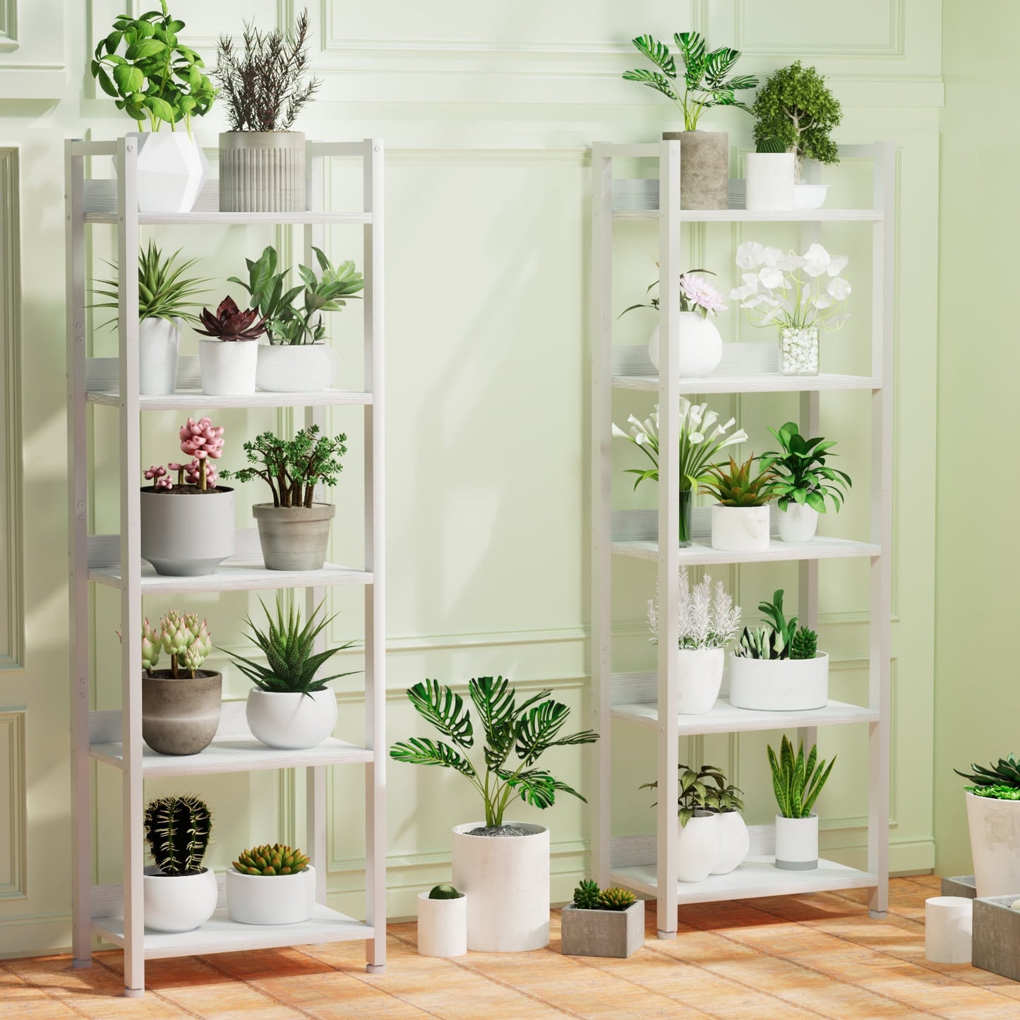 Satifur 5 Tier Ladder Bookcase with Removable Drawer Tall Standing Bookshelf,White