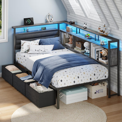 Tydimor L-Shaped Corner Bed Frame with 3 Storage Drawers, 3 Cubbies & Double-Layer Shelf, LED Lights & Power Outlet, Corner Twin Beds for Living Room, Bedroom and Guest, Grey Oak