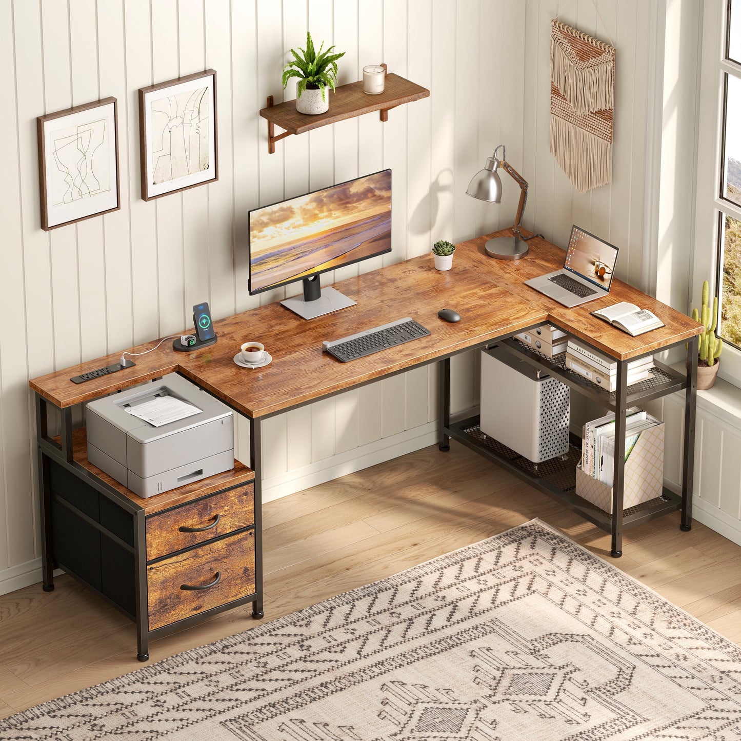 Satifur 57 Inch Vintage Computer Desk with 2 Drawers & Power Outlet, Sturdy Steel Frame Wooden Desktop, for Home & Office Use