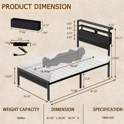 Satifur Twin Size Bed Frame with 2 Storage Drawers Headboard, LED & Charging Station, Black oack