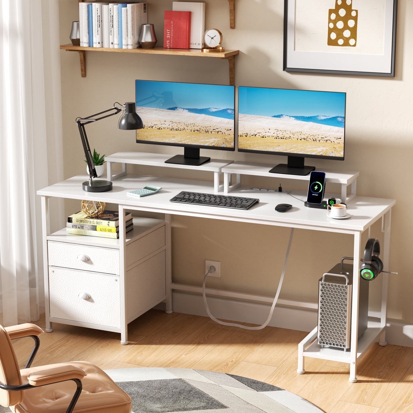 Hexmn Sturdy Laptop Table with Adjustable Shelves & File Cabinet for Home Office