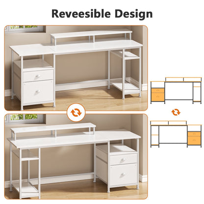 Hexmn White Multi-Functional Computer Desk with Dual Monitor Stand & Adjustable Shelves