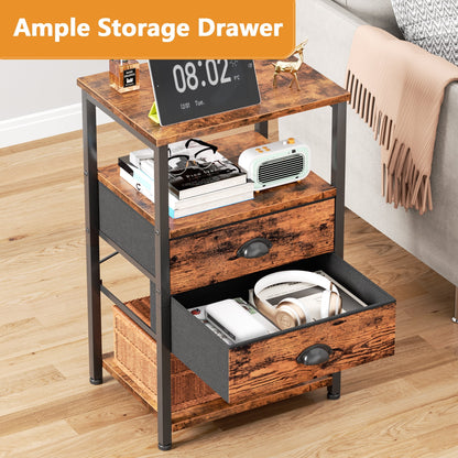 Satifur Side Table with Light, Charging Station, Rustic Brown Nighstand for Bedroom, Living Room