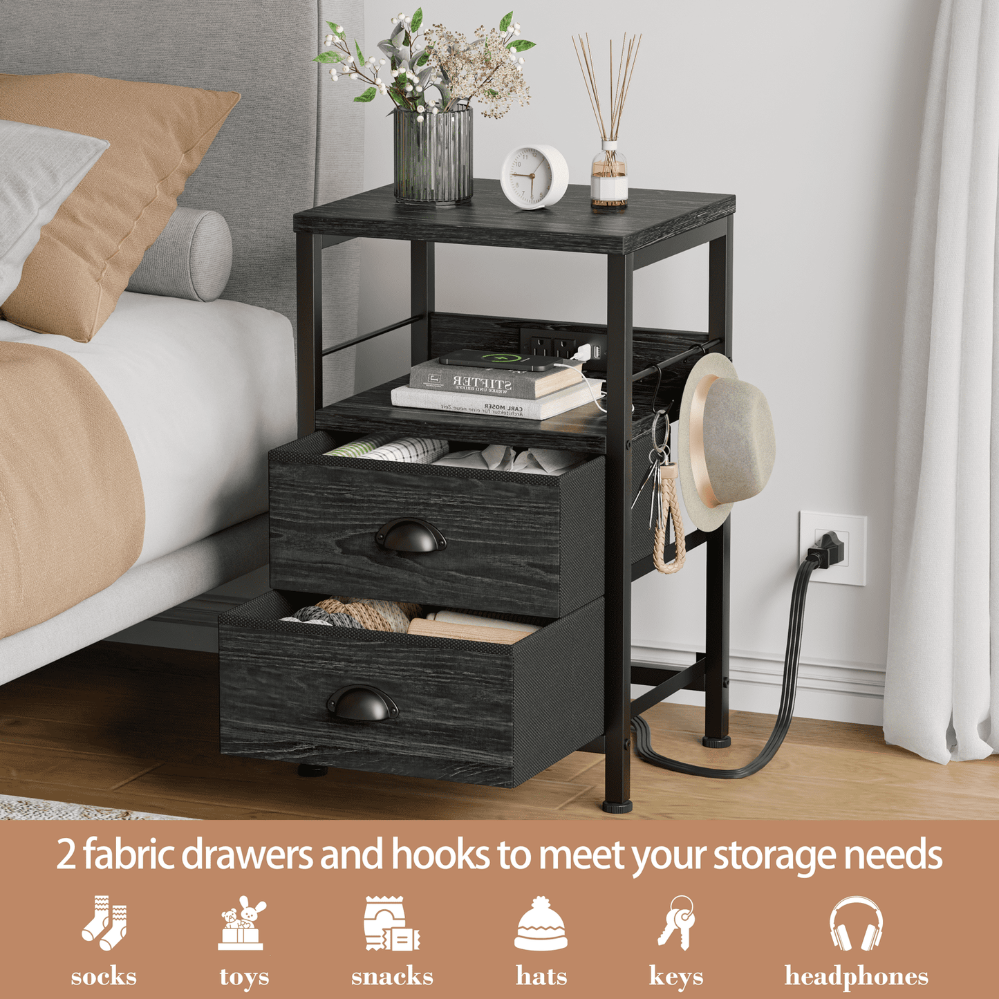 Satifur Nightstand with Charging Station, Set of 2 Bedside End Table with Fabric Drawers,Outlets & USB Ports,Black Oak