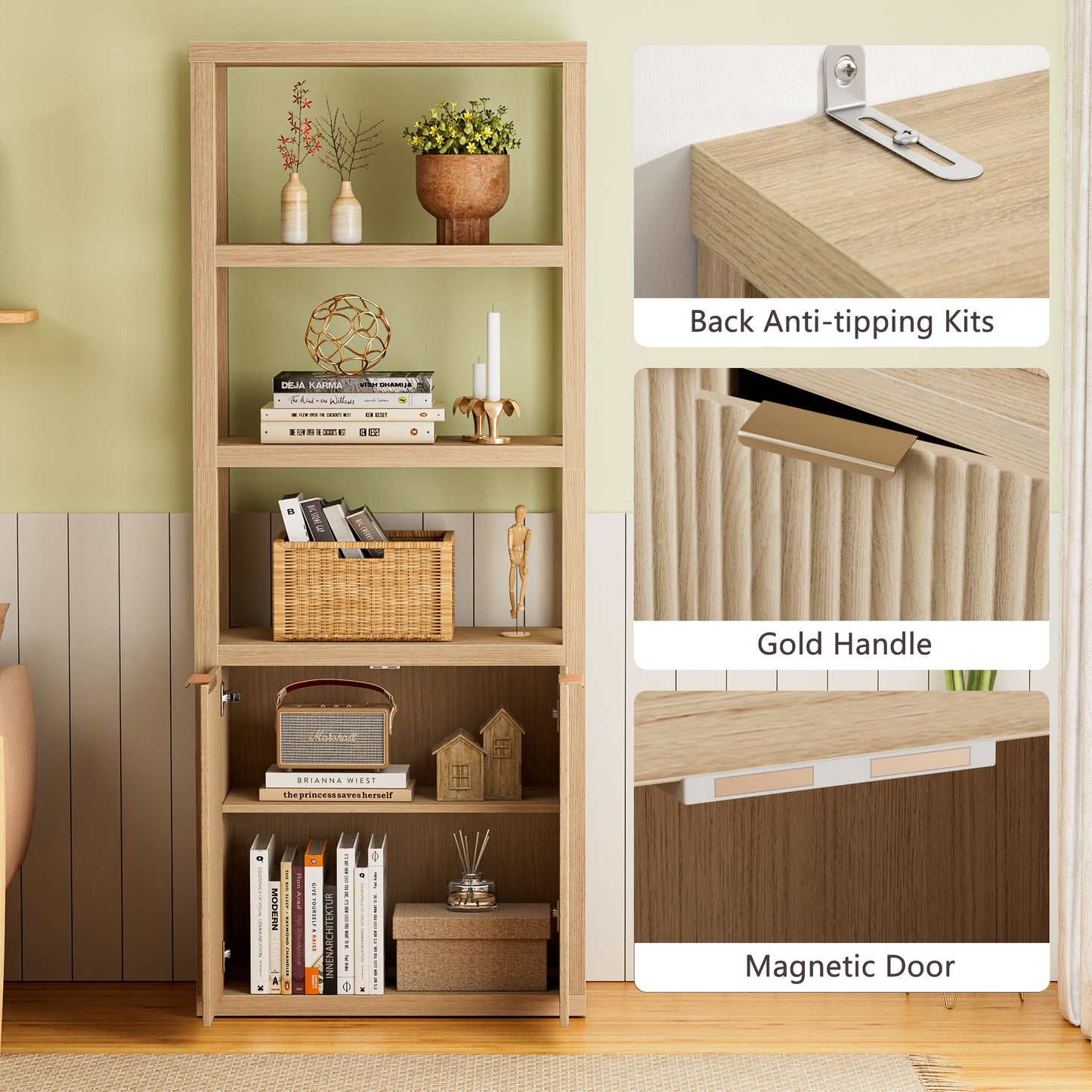 Satifur Bookshelf and Bookcase with Door, Floor Standing 5-Tier Shelf Display Storage Shelves, Tall Bookcases for Home Office, Living Room