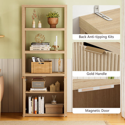 Satifur Bookshelf and Bookcase with Door, Floor Standing 5-Tier Shelf Display Storage Shelves, Tall Bookcases for Home Office, Living Room