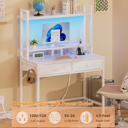 Satifur Small Computer Desk with Power Outlet & 2 Fabric Drawers, Gaming Desk with LED Light and Monitor Stand, Home Office Desk with Shelf and Hutch for Small Space, White-1
