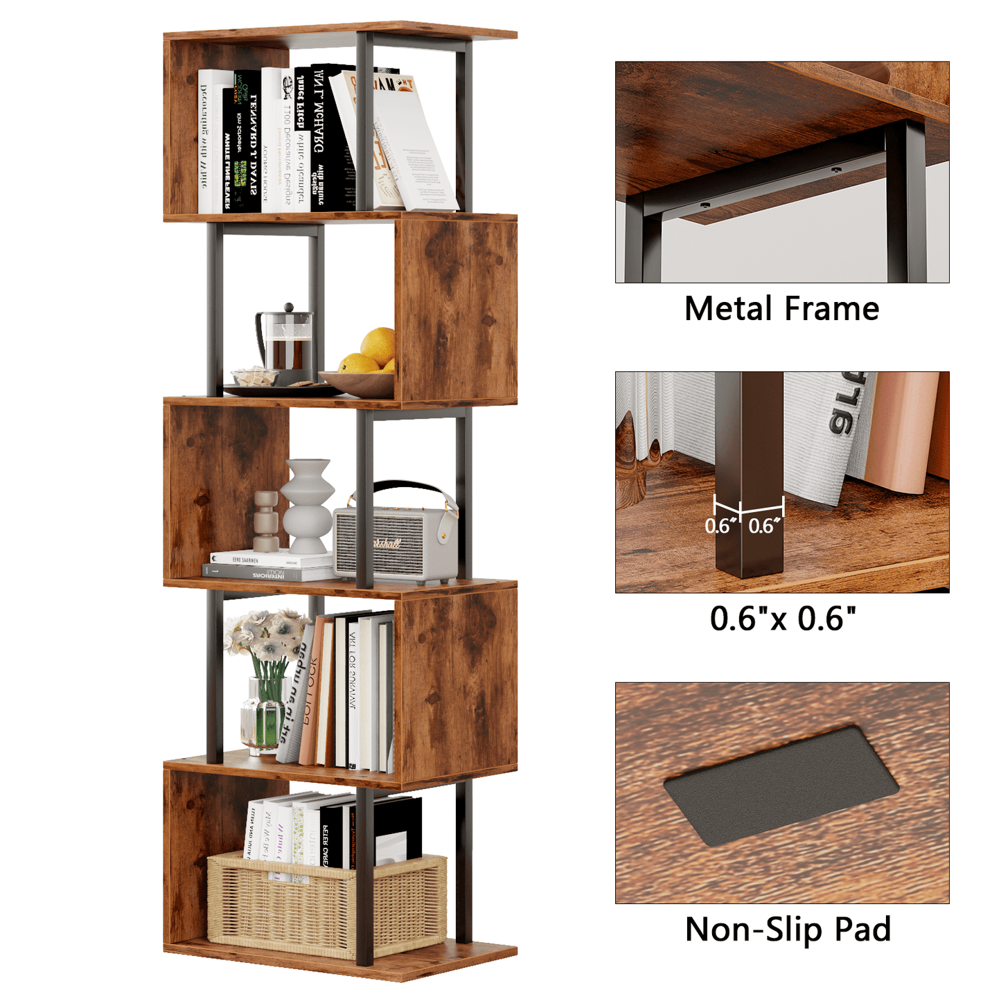 Satifur 5-Tier S-Shaped Geometric Bookcase, Industrial Freestanding Storage Shelving Unit,Rustic Brown