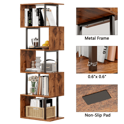 Satifur 5-Tier S-Shaped Geometric Bookcase, Industrial Freestanding Storage Shelving Unit,Rustic Brown