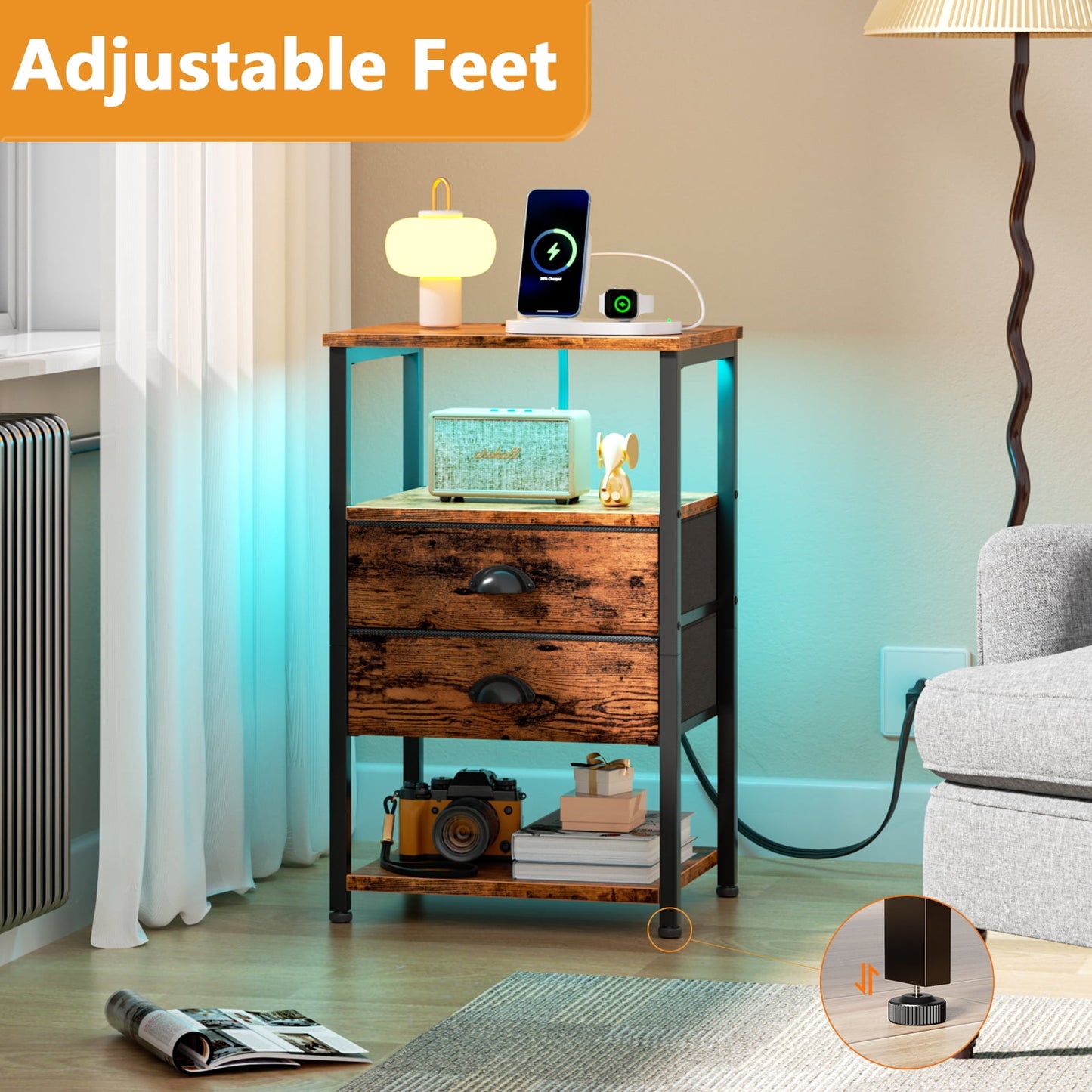 Satifur Side Table with Light, Charging Station, Rustic Brown Nighstand for Bedroom, Living Room