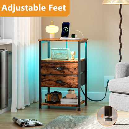 Satifur Side Table with Light, Charging Station, Rustic Brown Nighstand for Bedroom, Living Room
