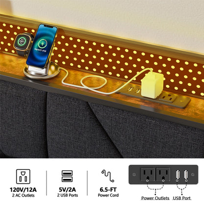Satifur Queen Bed Frame with Upholstered Storage Headboard, Metal Platform Bed Station with Charging Station & LED, Noise-Free.No Box Spring Needed