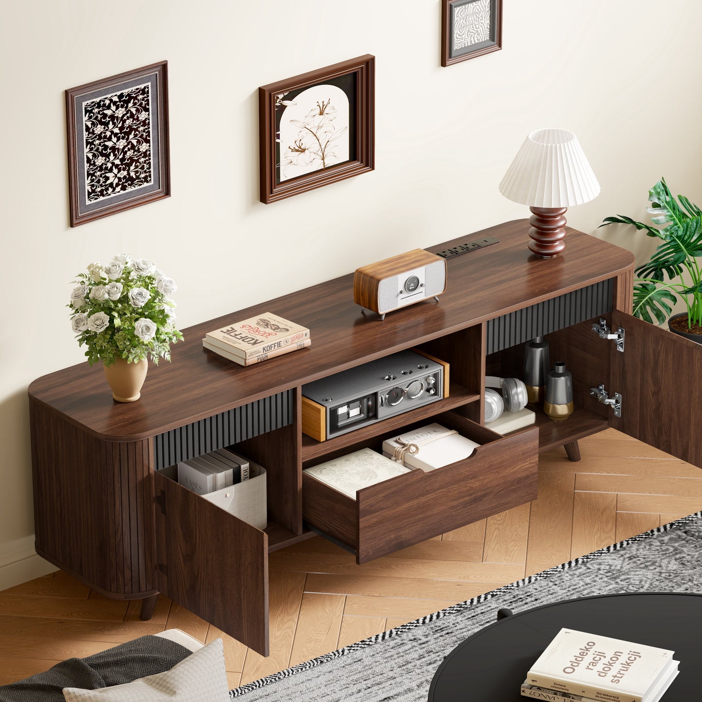 Tydimor TV Cabinet Stands for TVs up to 70", Entertainment Center with Storage Shelf & Outlet, Media Console Table with Drawers for Living Room